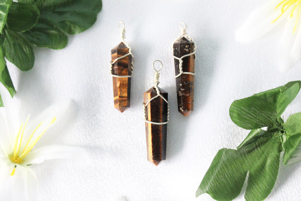 Tigers Eye Silver Plated Wire Wrapped Double Terminated Point Pendants