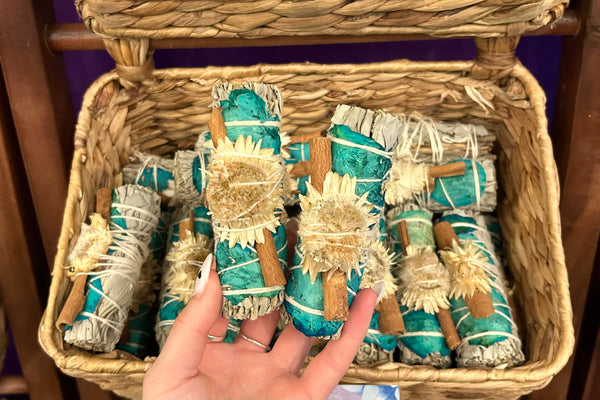 White Sage with Blue Rose Petals, Cinnamon Stick and Decorative Paper Flower