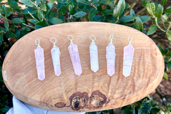 Rose Quartz Silver Plated Wire Wrapped Double Terminated Point Pendants