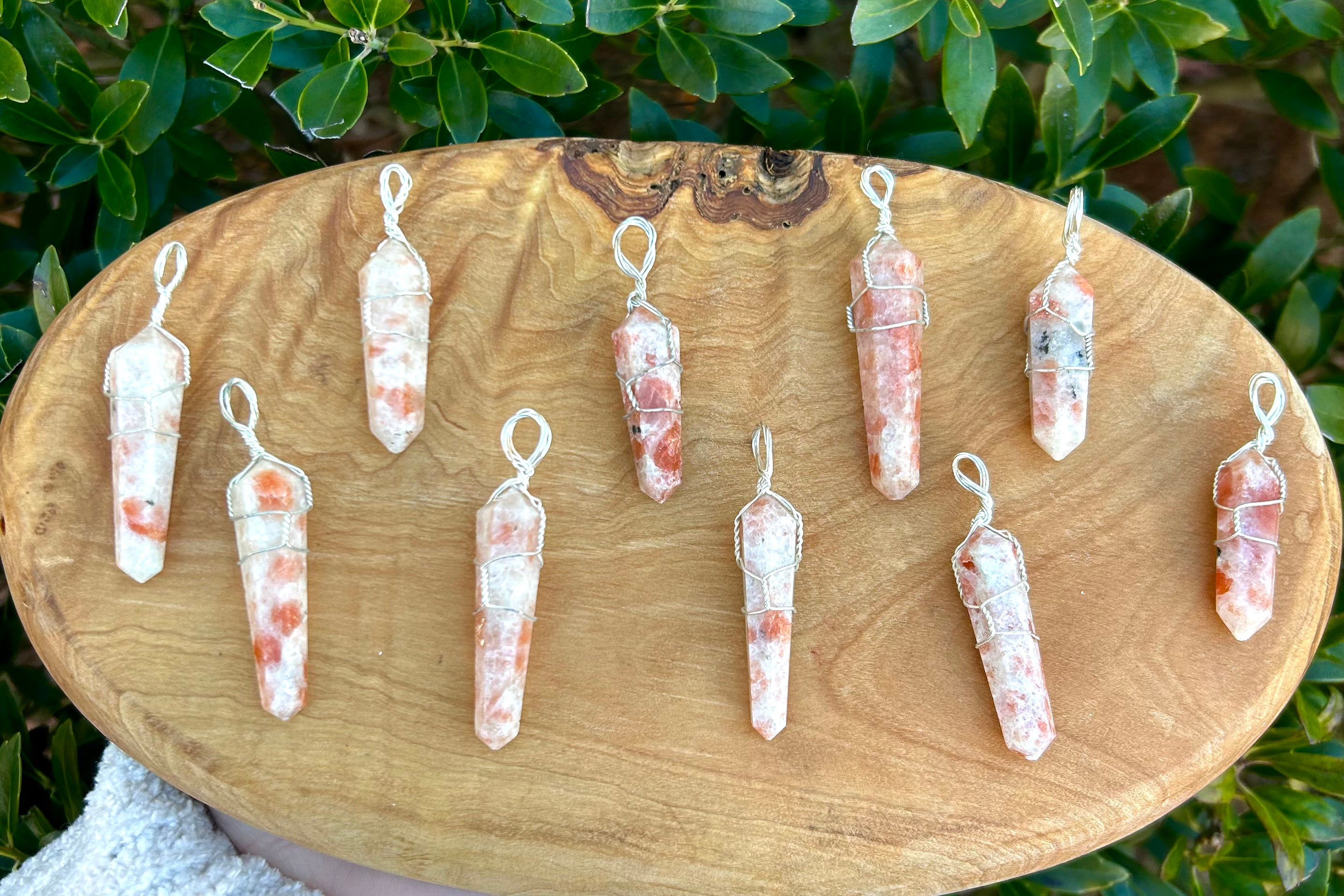 Sunstone Silver Plated Wire Wrapped Double Terminated Point Pendants