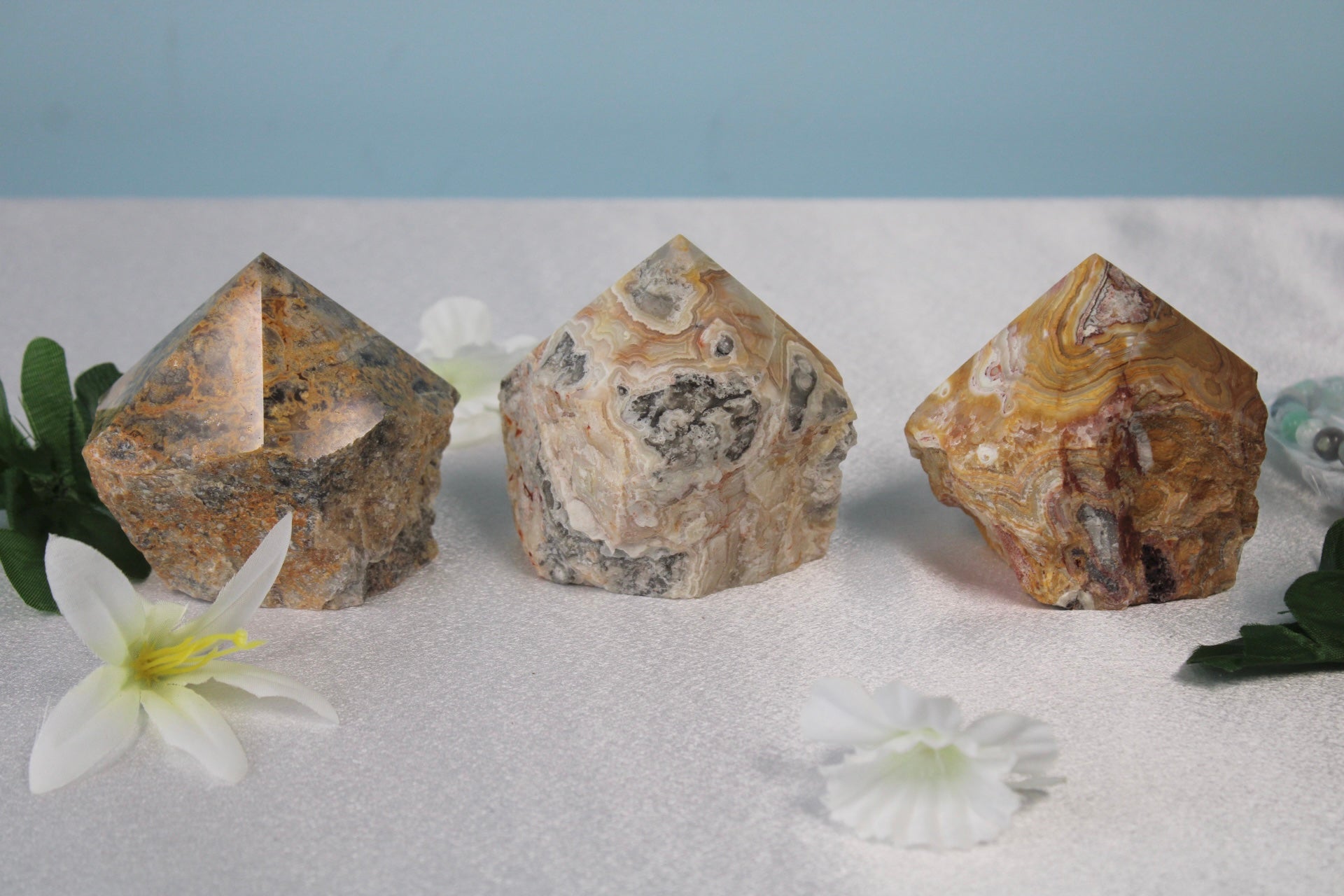 Crazy Lace Agate Raw Free Form Polished Tops Standing Crystal Points