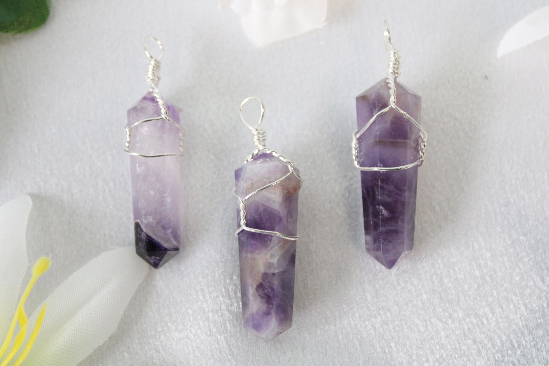 Amethyst Silver Plated Wire Wrapped Double Terminated Point Pendants