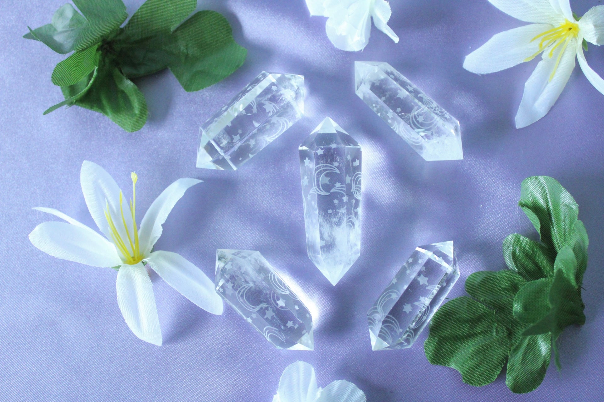 Clear Quartz Double Pointed Engraved Moon Pattern Crystal
