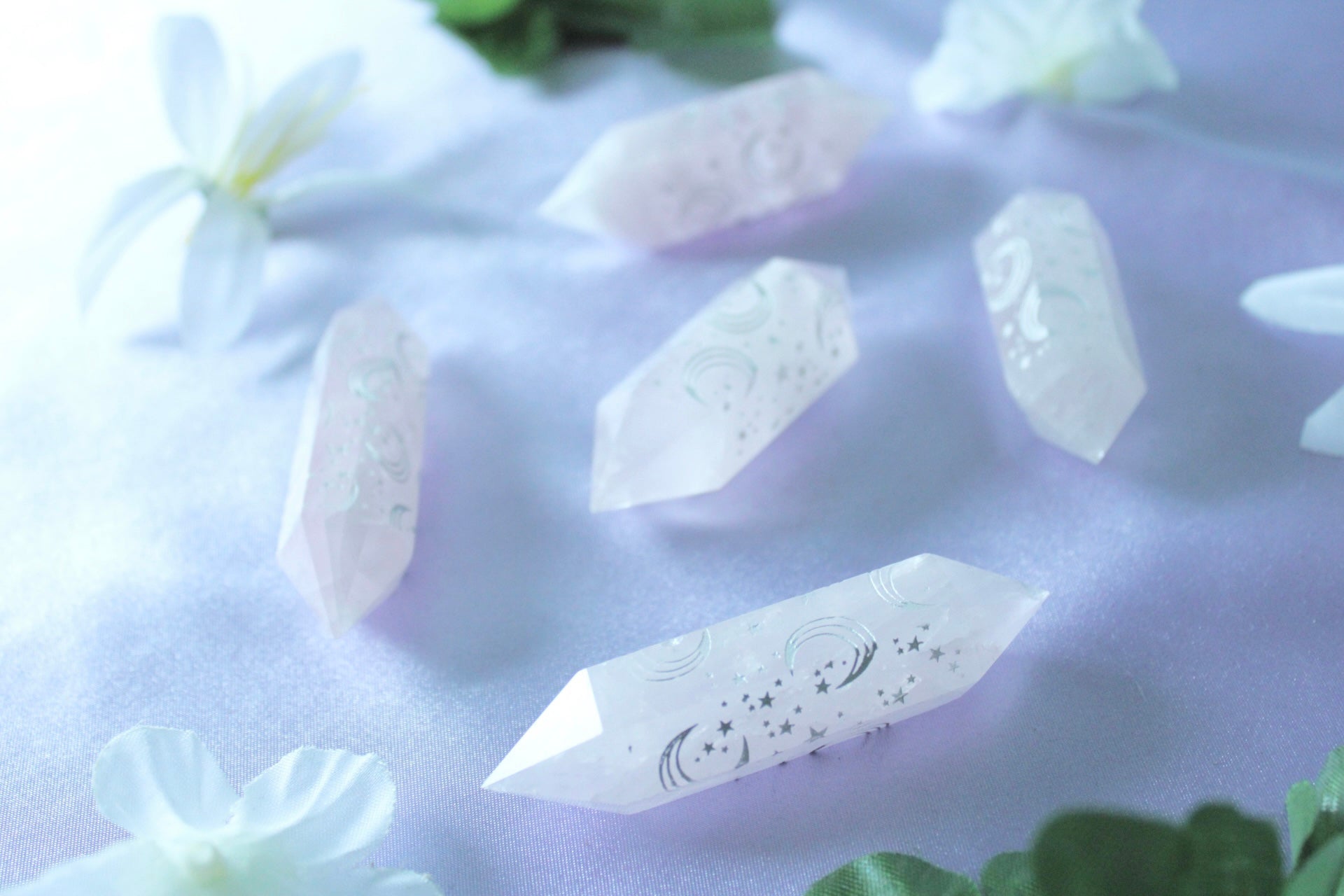Rose Quartz Double Pointed Engraved Moon Pattern Crystal