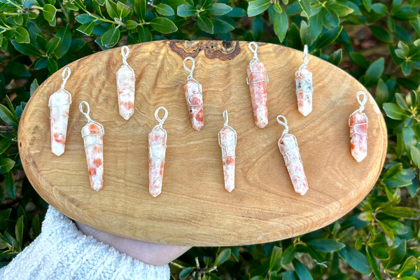 Sunstone Silver Plated Wire Wrapped Double Terminated Point Pendants