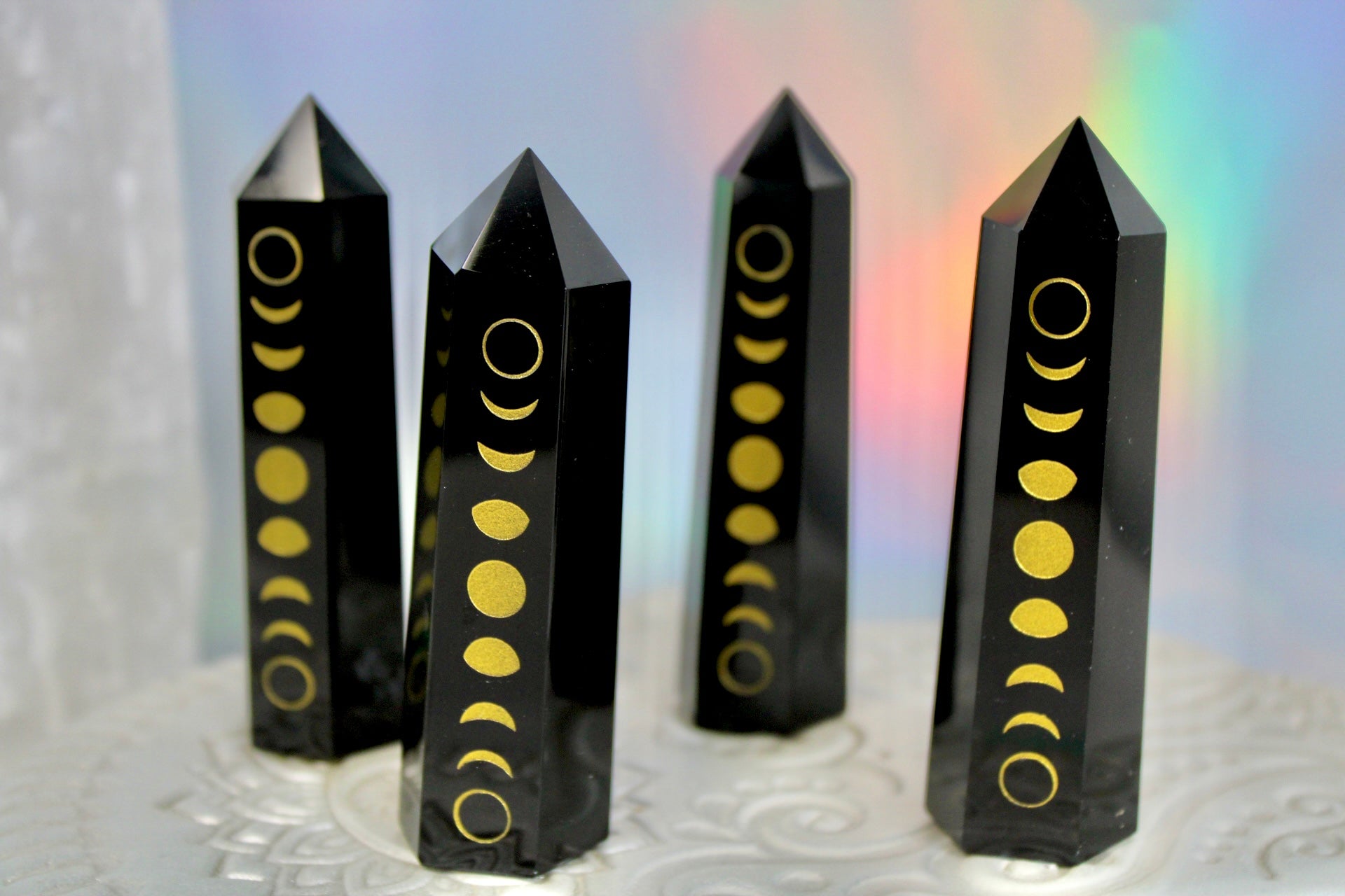 Black Obsidian Crystal Point with Moon Phases Carving