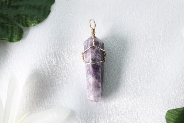Lepidolite Silver Plated Wire Wrapped Double Terminated Point Pendants