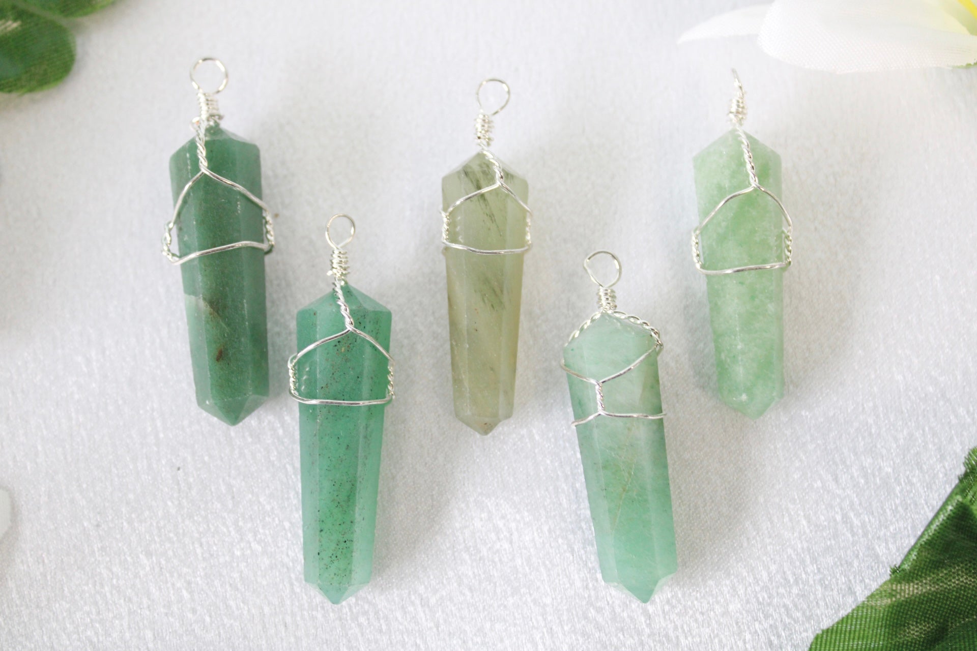 Green Aventurine Silver Plated Wire Wrapped Double Terminated Point Pendants