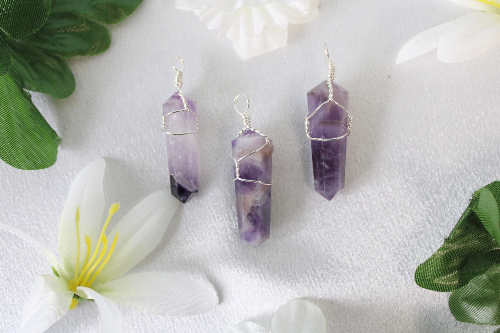 Amethyst Silver Plated Wire Wrapped Double Terminated Point Pendants