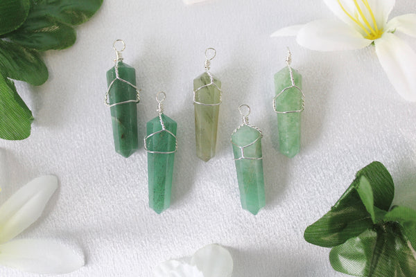Green Aventurine Silver Plated Wire Wrapped Double Terminated Point Pendants