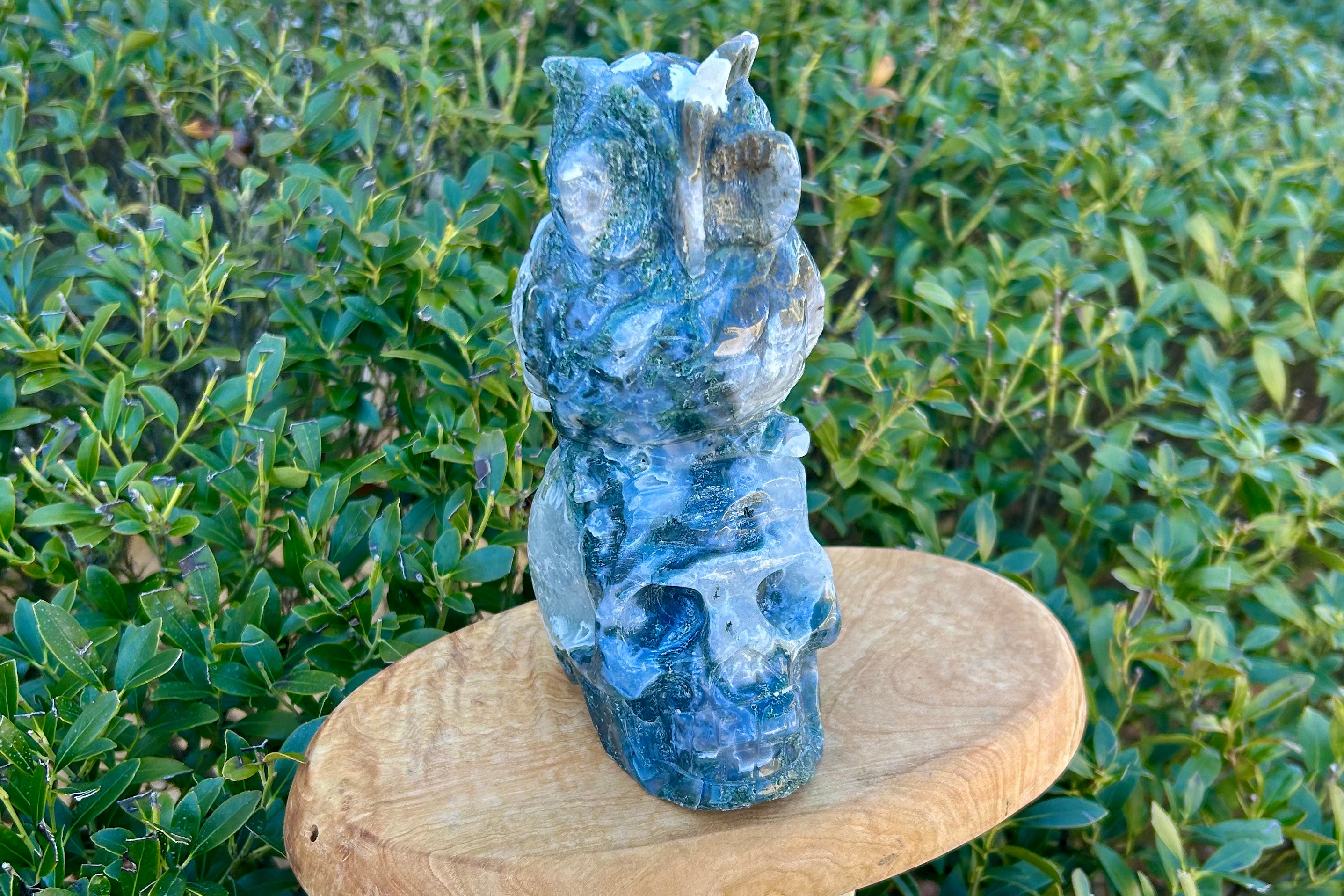Moss Agate Skull with Owl Crystal Carving