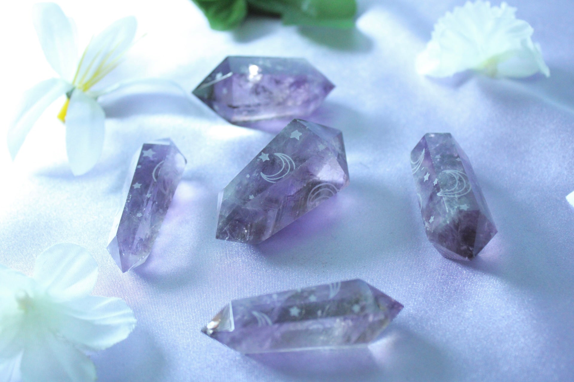 Amethyst Double Pointed Engraved Moon Pattern Crystal