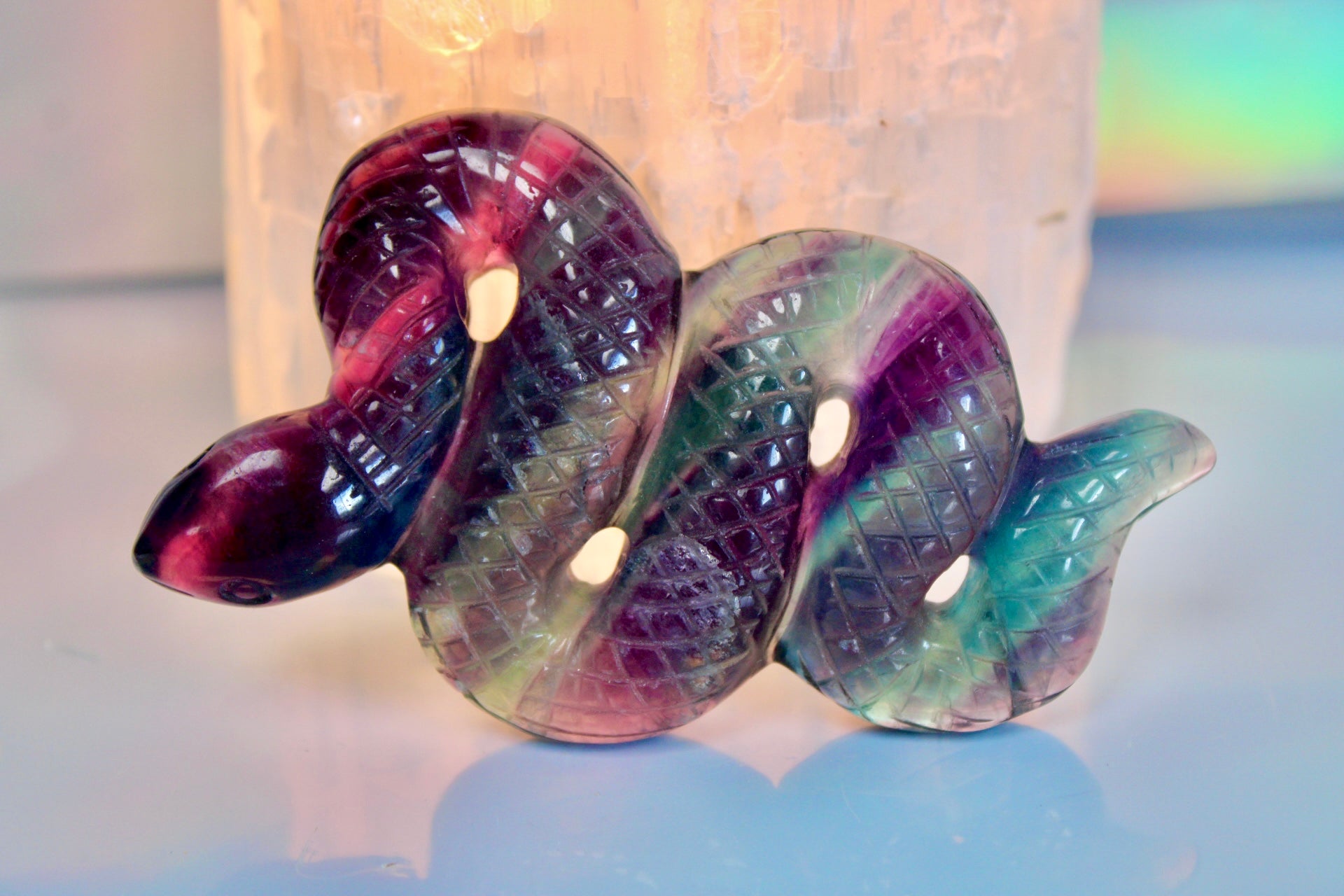 Rainbow Fluorite Snake Carving