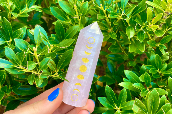 Rose Quartz Crystal Point with Moon Phases Carving
