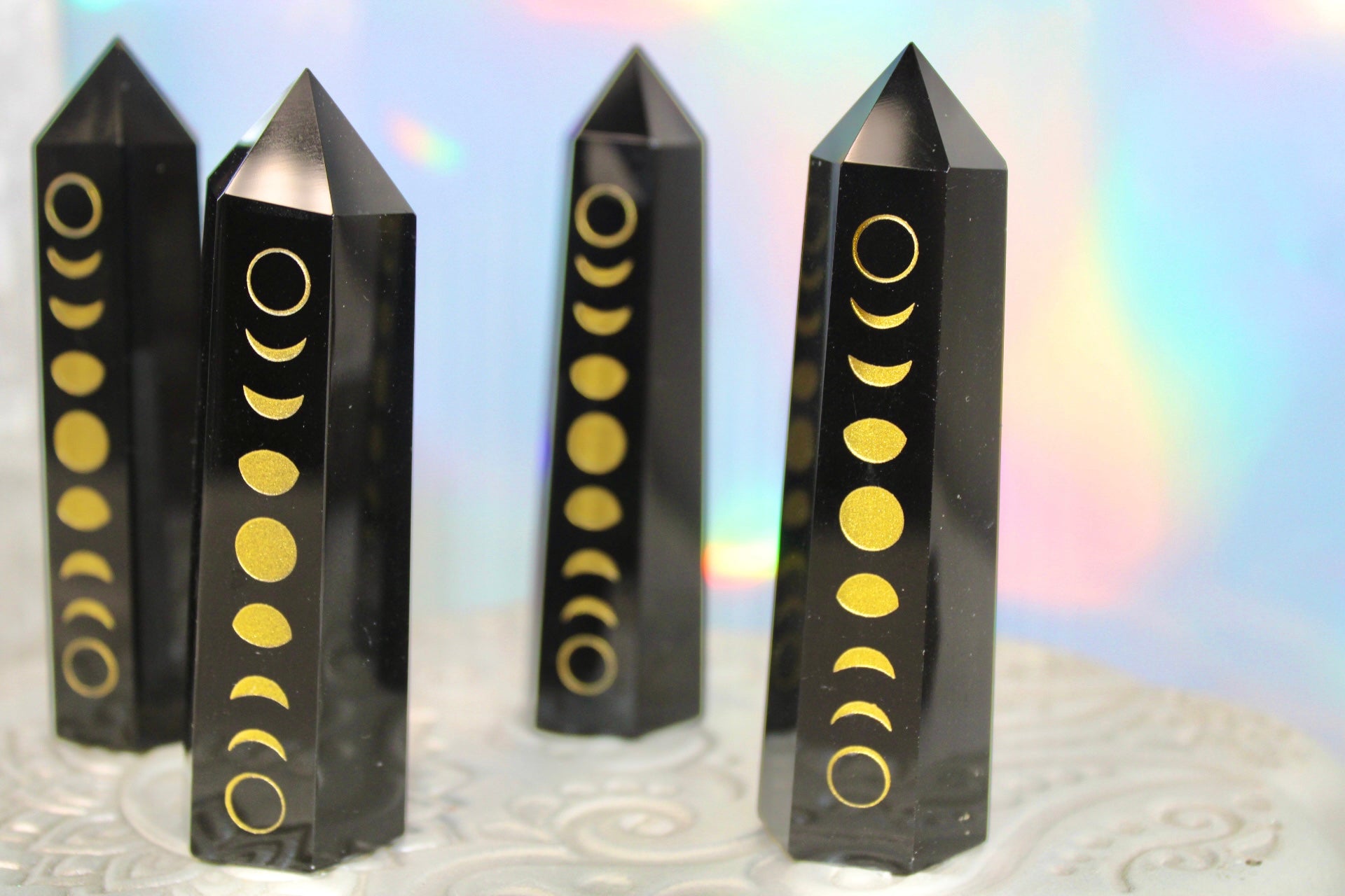 Black Obsidian Crystal Point with Moon Phases Carving