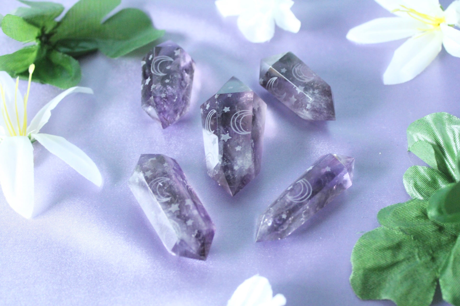 Amethyst Double Pointed Engraved Moon Pattern Crystal